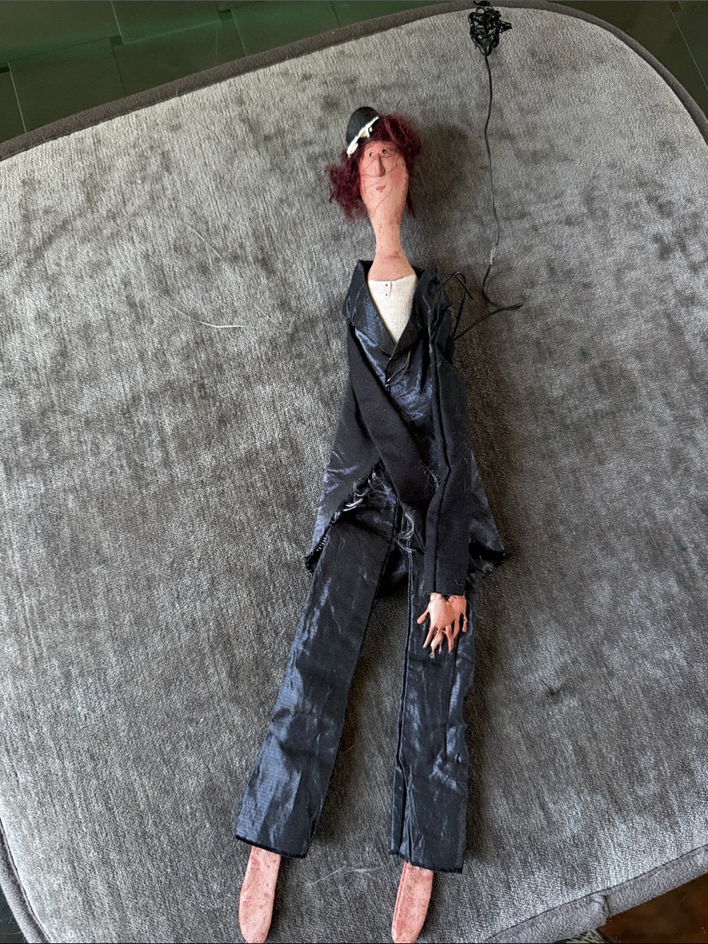 Handmade Long Fabric Doll in Black Outfit with Red Hairy